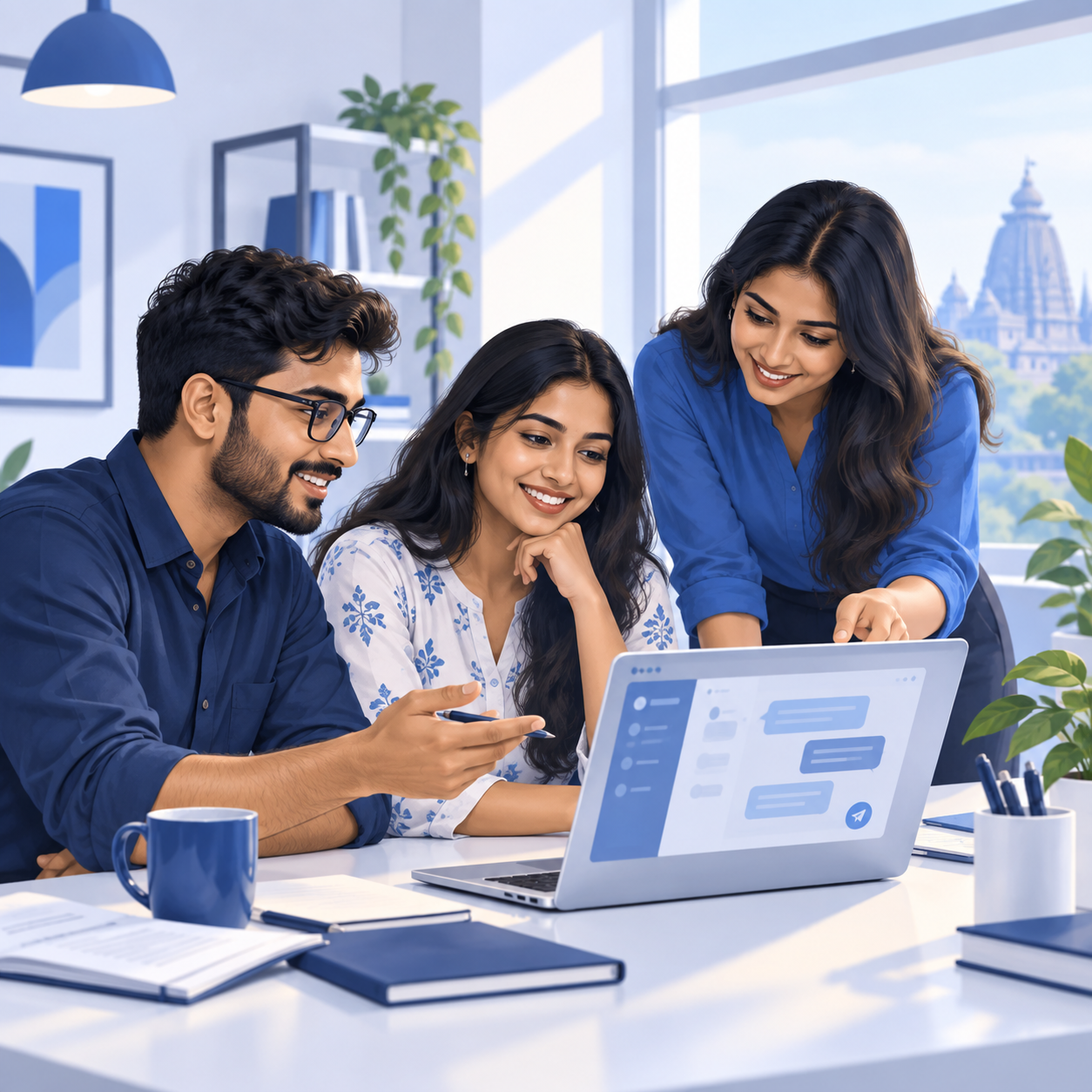 Illustration of colleagues collaborating on a business messaging campaign