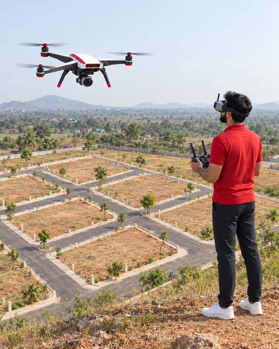 Drone flying above a plotted property development with an operator wearing FPV goggles and holding a controller
